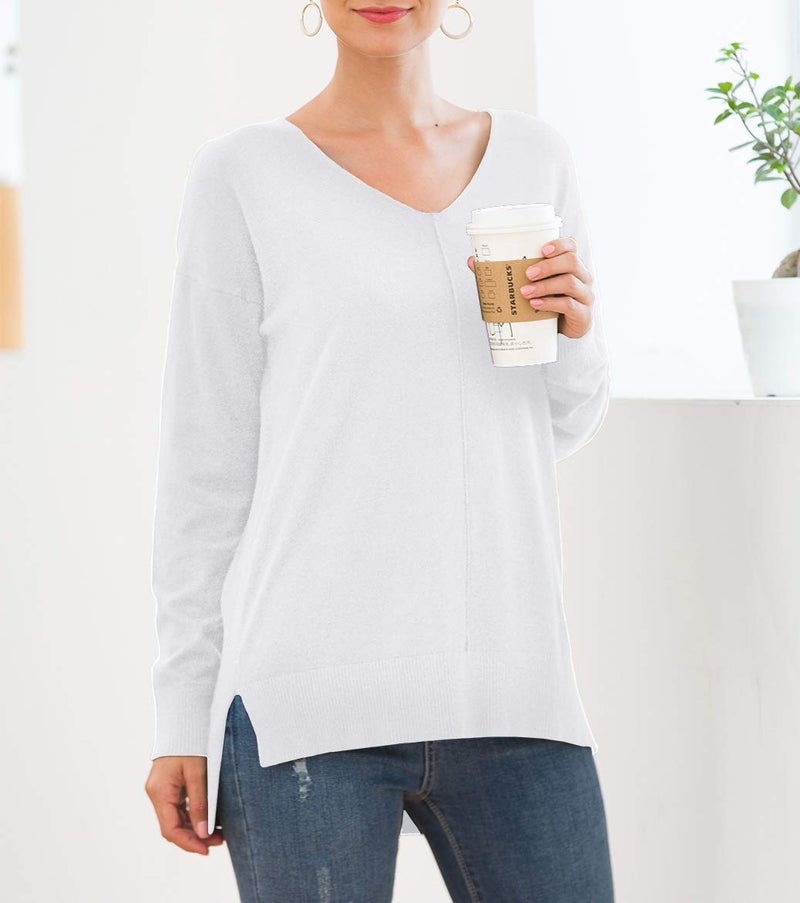 Jouica Womens Loose V-Neck Pullover Sweater Top W/Slight Hi-Low,White,X-Large - Image 2